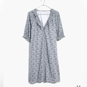 Madewell Blue & White Ruffle Button-Front Trapeze Dress Women’s Size Small